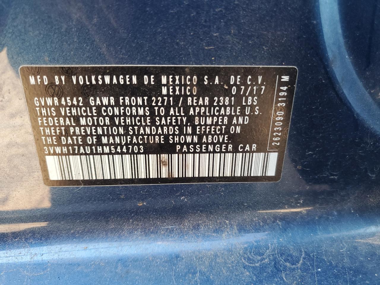 2017 Volkswagen Golf Alltrack S VIN: 3VWH17AU1HM544703 Lot: 65918015