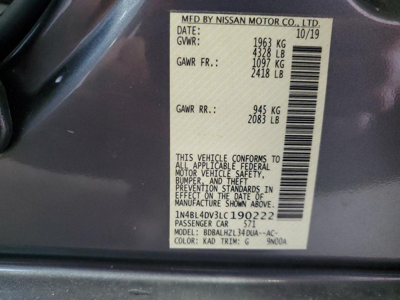 2020 Nissan Altima Sv VIN: 1N4BL4DV3LC190222 Lot: 65695125