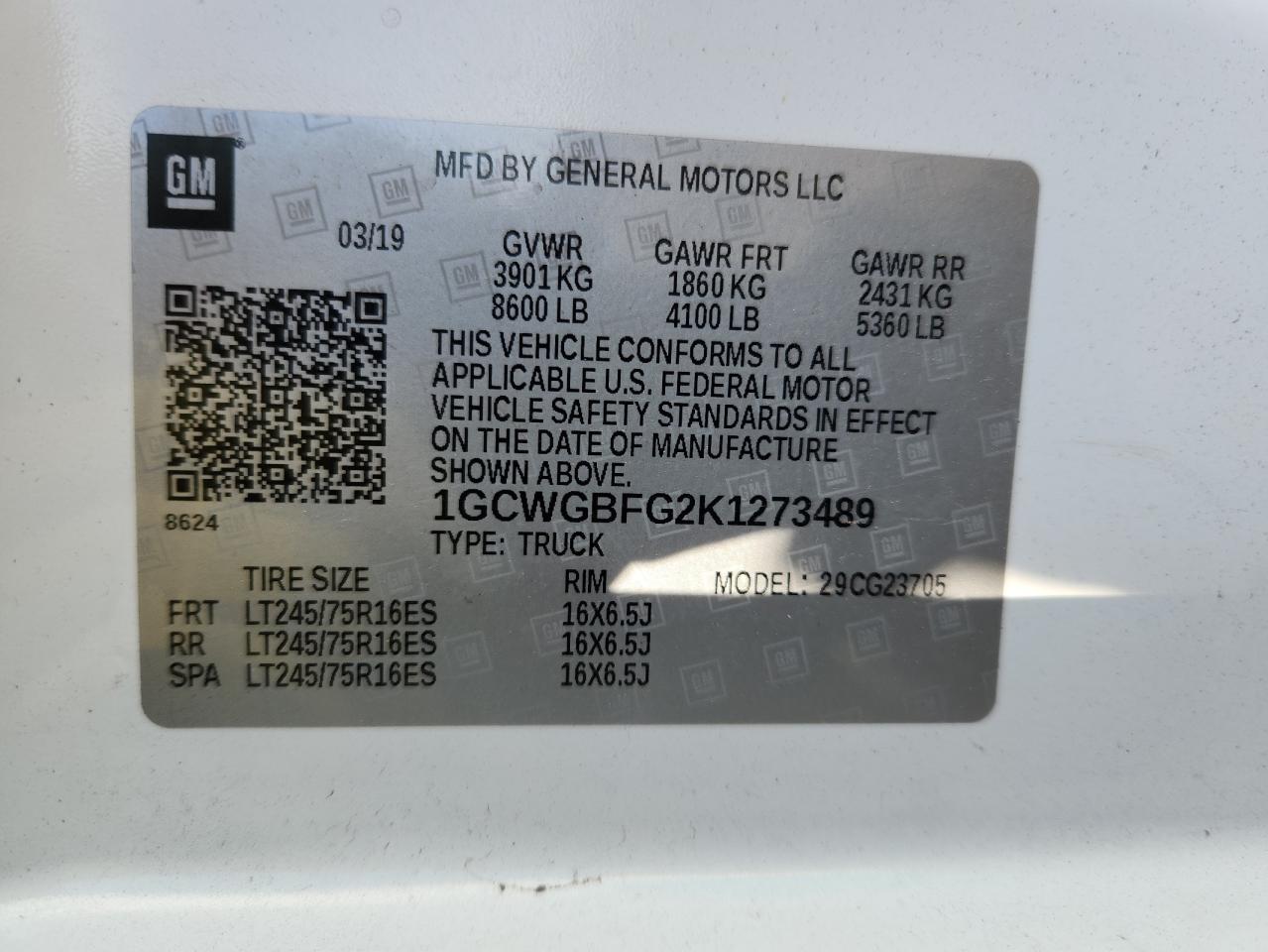 2019 Chevrolet Express G2500 VIN: 1GCWGBFG2K1273489 Lot: 65353115