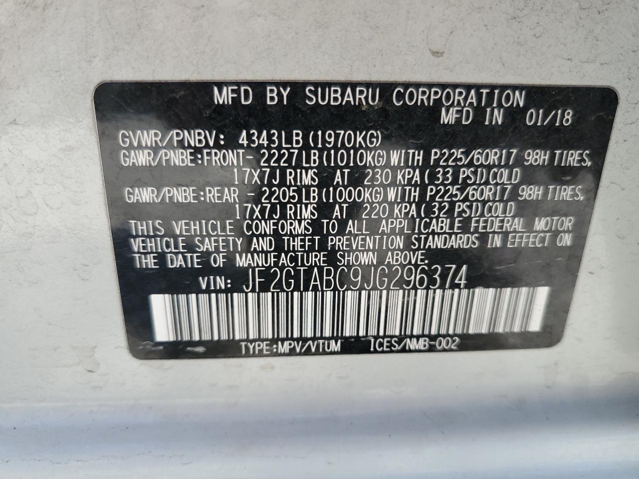 2018 Subaru Crosstrek Premium VIN: JF2GTABC9JG296374 Lot: 65190935