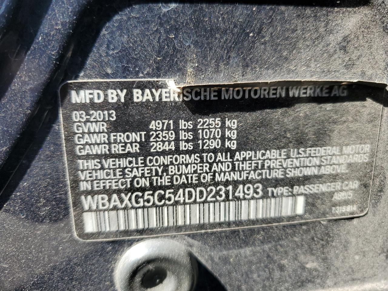 2013 BMW 528 I VIN: WBAXG5C54DD231493 Lot: 63711175