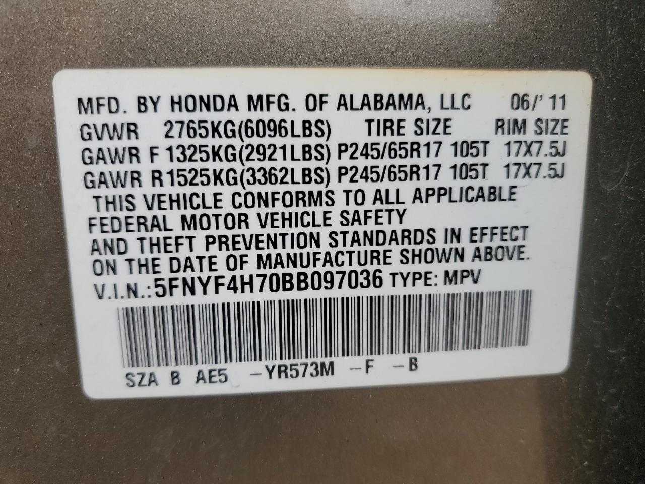 2011 Honda Pilot Exln VIN: 5FNYF4H70BB097036 Lot: 64699195