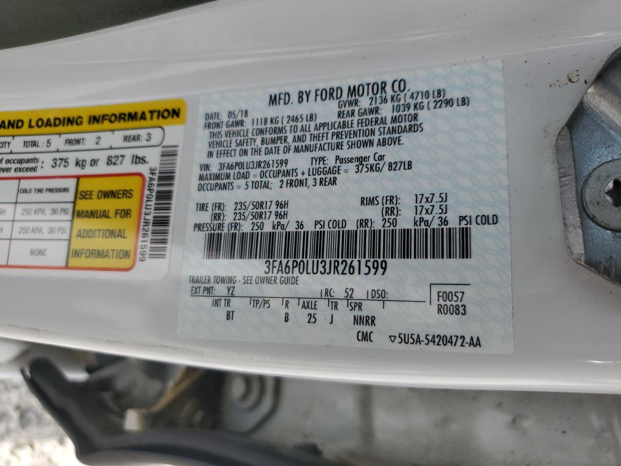 2018 Ford Fusion Se Hybrid VIN: 3FA6P0LU3JR261599 Lot: 66076465