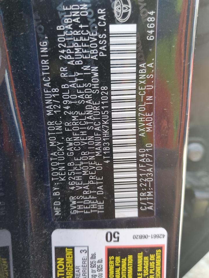 2019 Toyota Camry Le VIN: 4T1B31HK7KU511028 Lot: 64375985