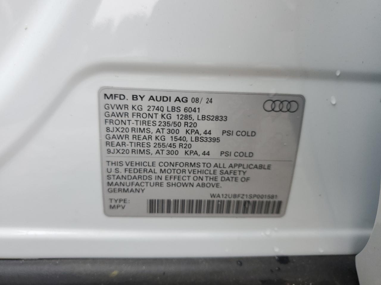 2025 Audi Q4 E-Tron Sportback Premium VIN: WA12UBFZ1SP001581 Lot: 64114255