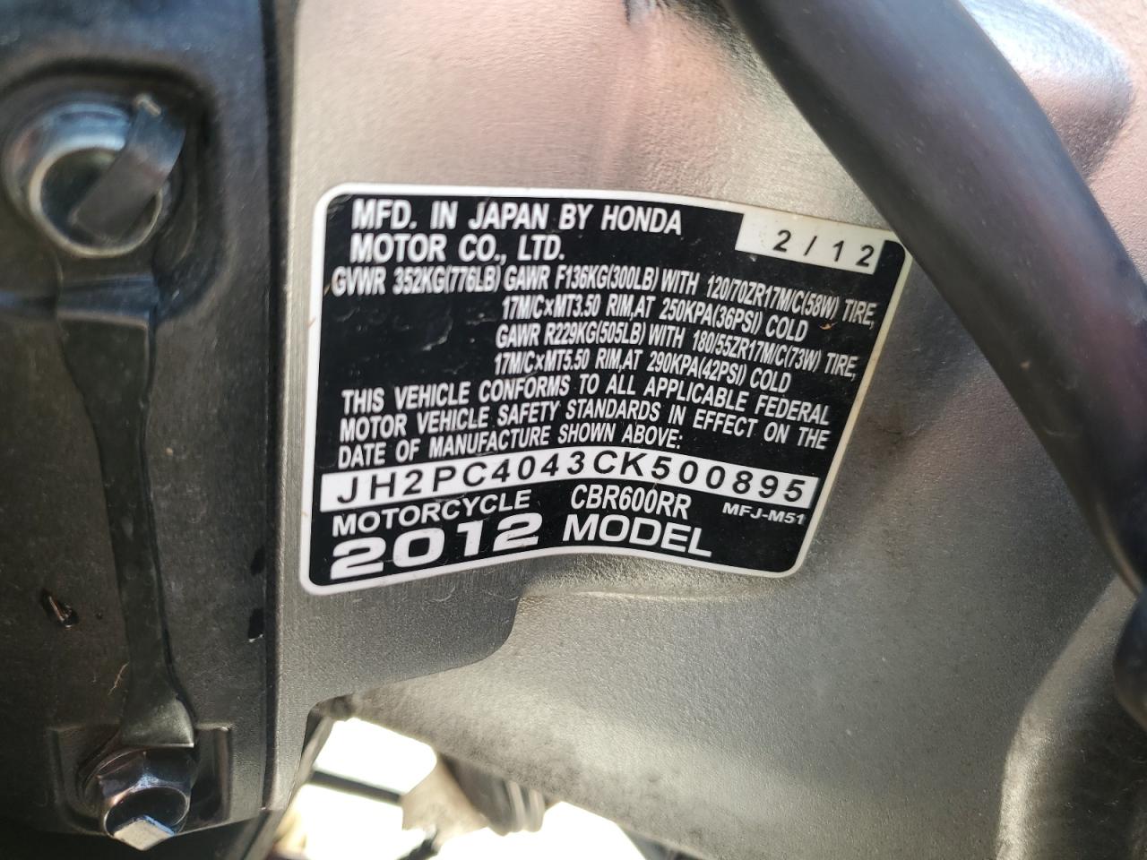 2012 Honda Cbr600 Rr VIN: JH2PC4043CK500895 Lot: 66819565