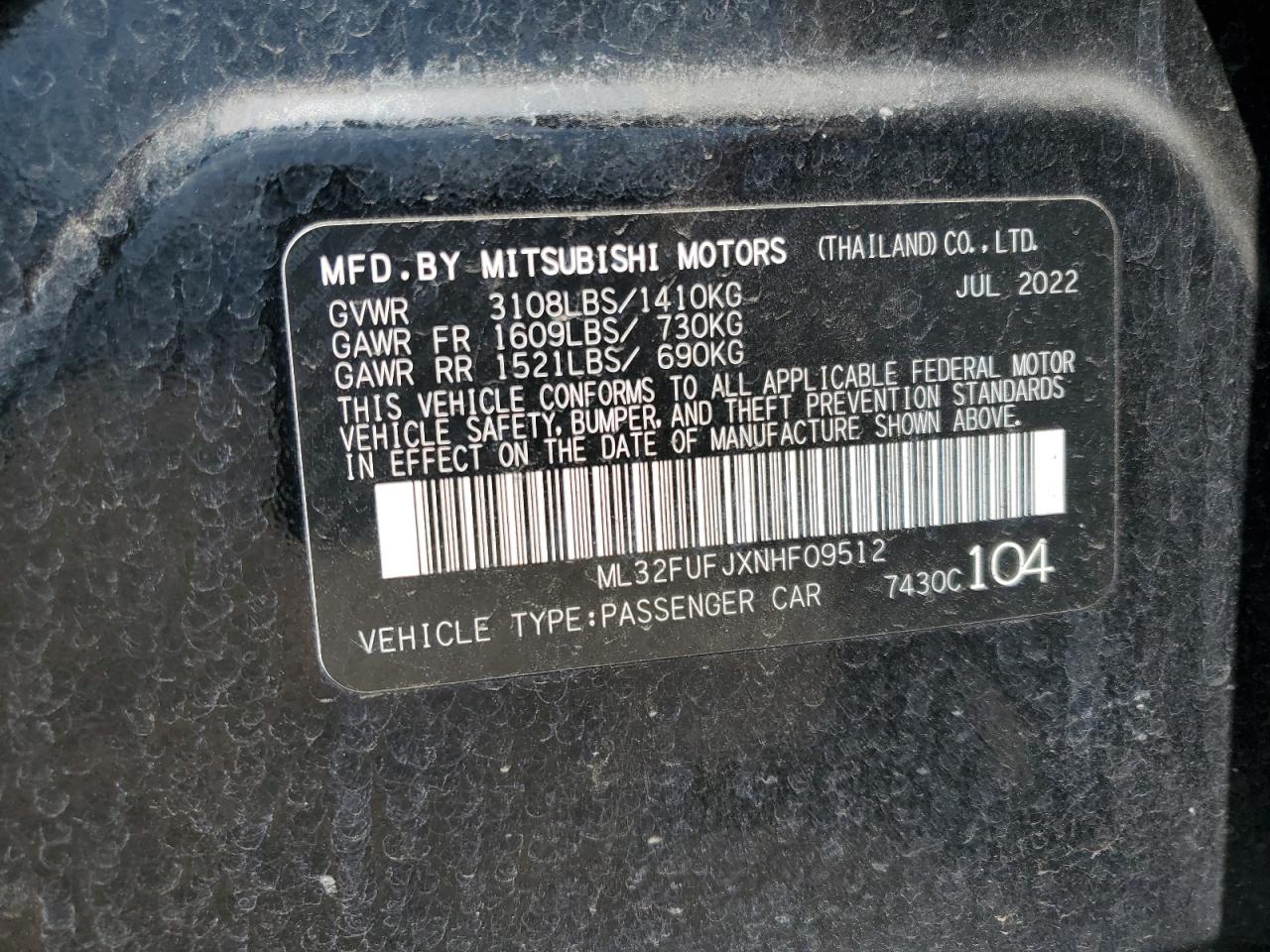 ml32fufjxnhf09512 ML32FUFJXNHF09512 2022 Mitsubishi Mirage G4 Es