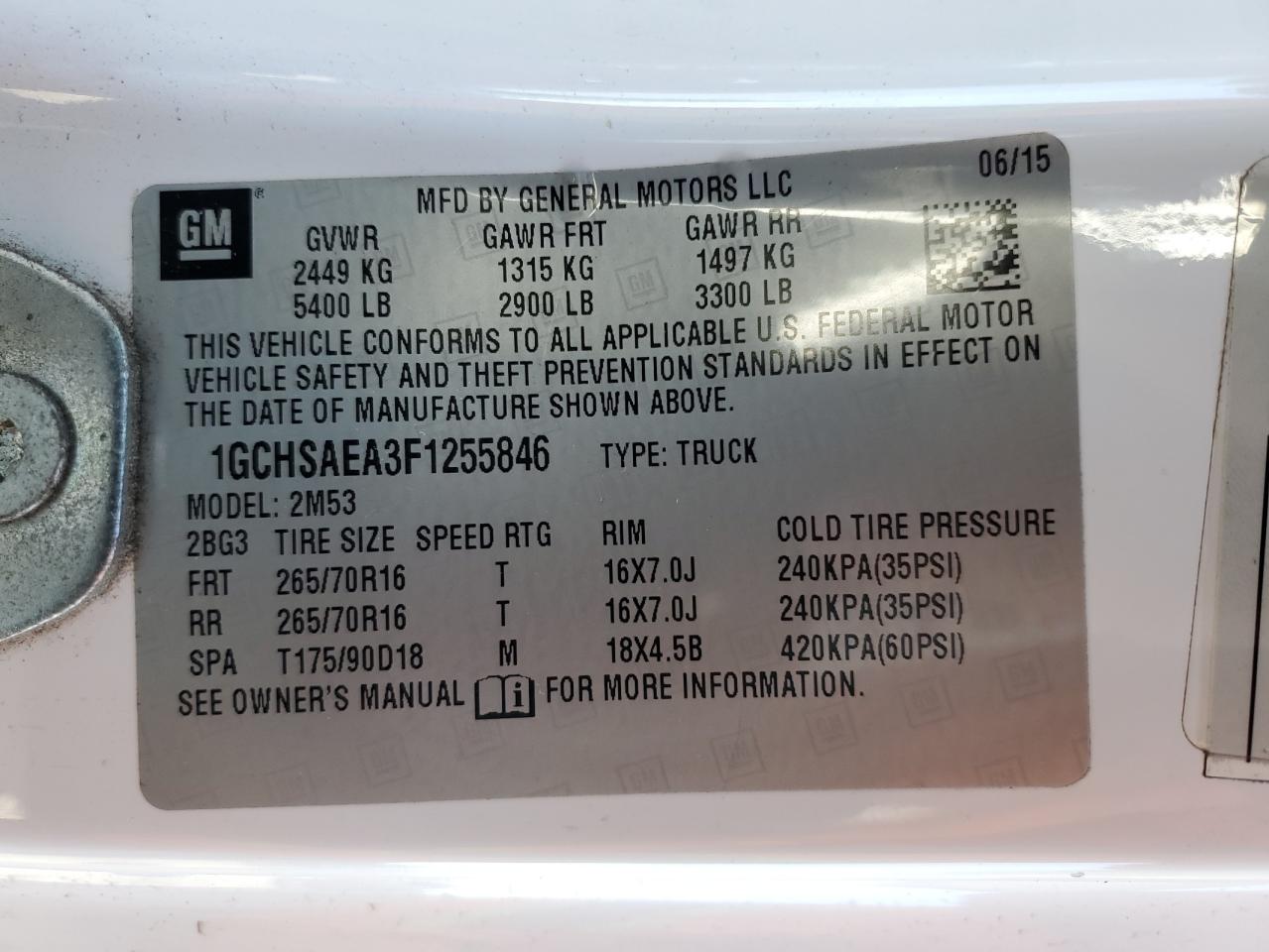 2015 Chevrolet Colorado VIN: 1GCHSAEA3F1255846 Lot: 62631875