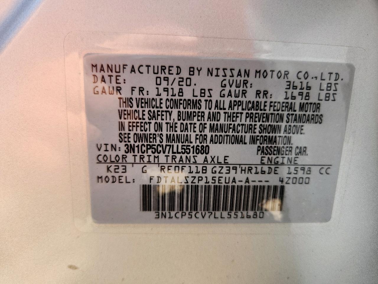 2020 Nissan Kicks Sv VIN: 3N1CP5CV7LL551680 Lot: 64014525