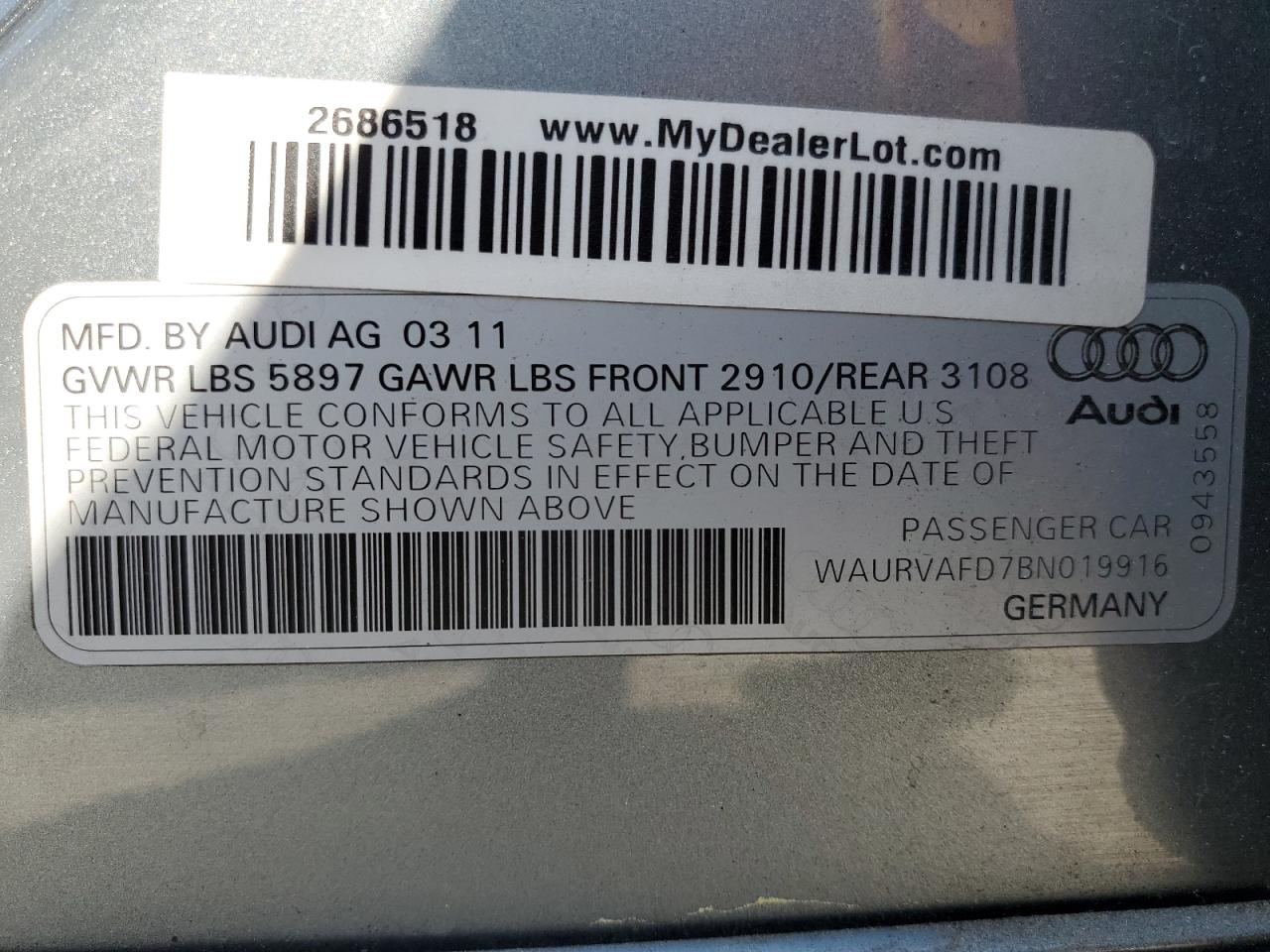 2011 Audi A8 L Quattro VIN: WAURVAFD7BN019916 Lot: 61200855