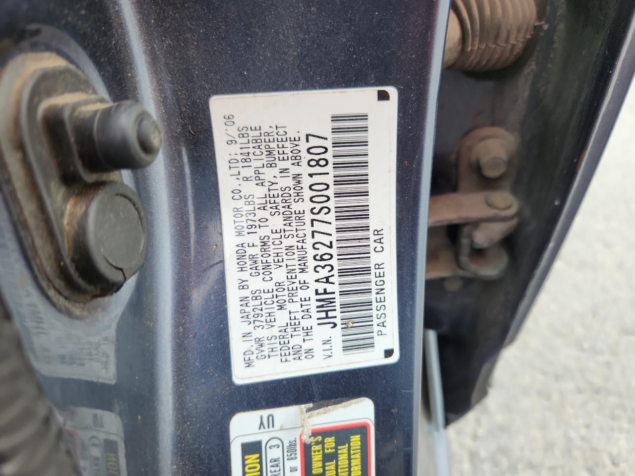 2007 Honda Civic Hybrid VIN: JHMFA36277S001807 Lot: 63754725