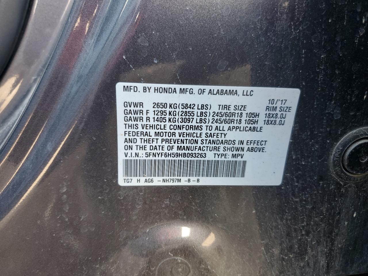 2017 Honda Pilot Exl VIN: 5FNYF6H59HB093263 Lot: 64907345