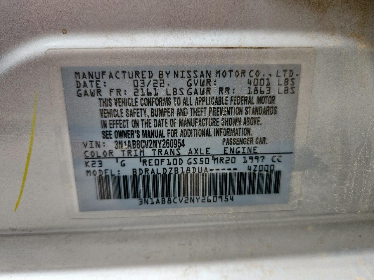 2022 Nissan Sentra Sv VIN: 3N1AB8CV2NY260954 Lot: 64964695