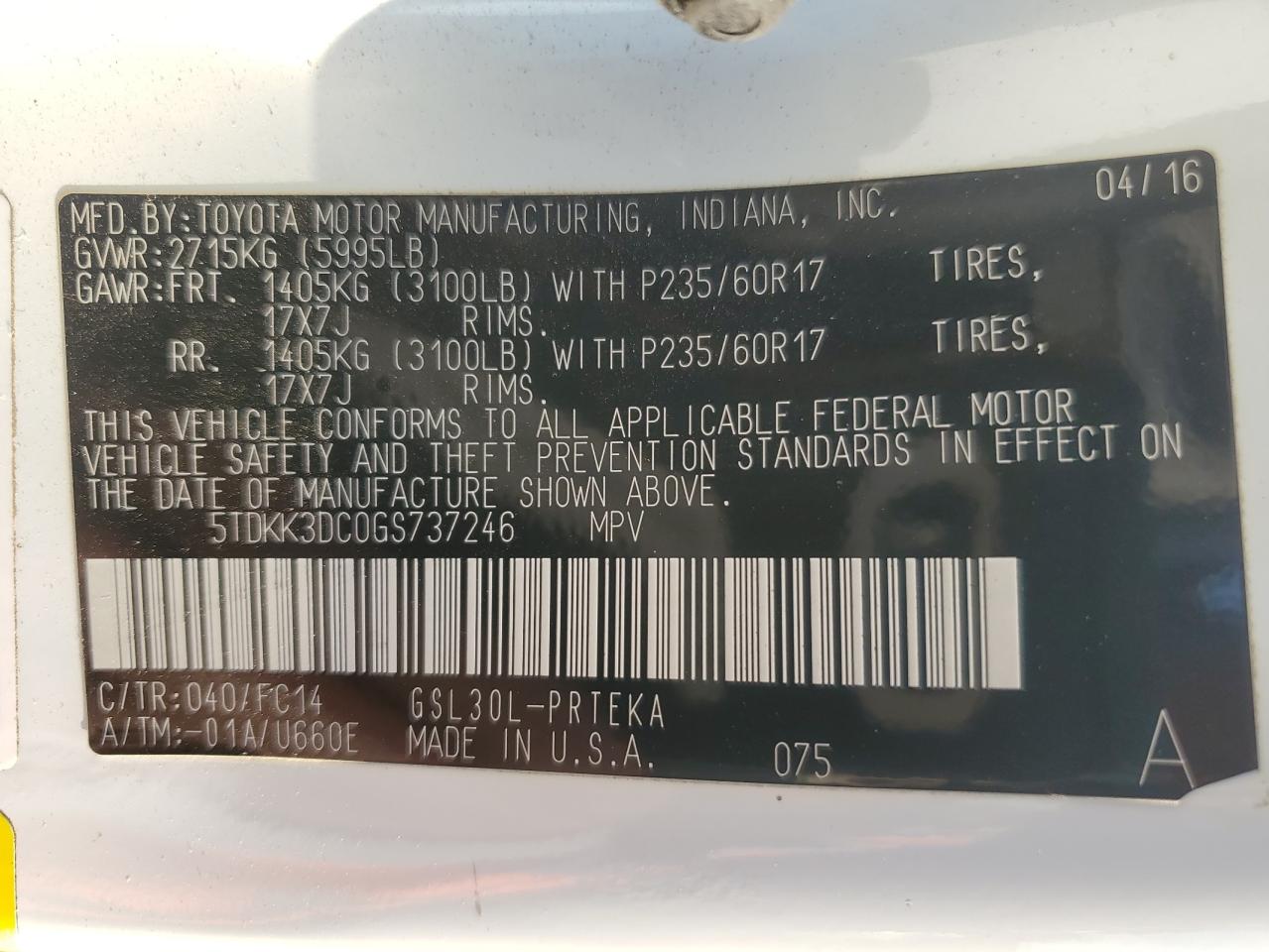 2016 Toyota Sienna Le VIN: 5TDKK3DC0GS737246 Lot: 63834715