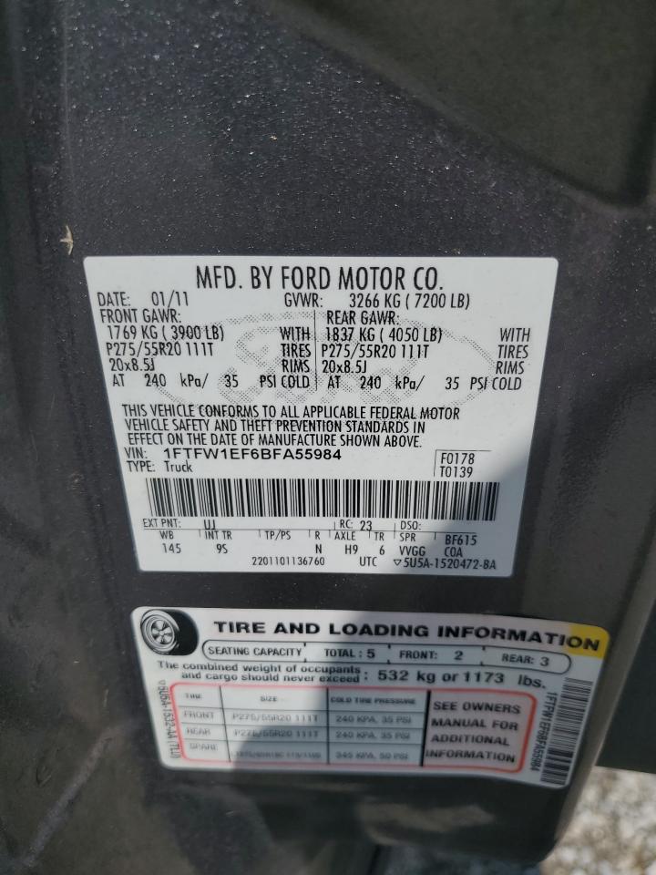 2011 Ford F150 Supercrew VIN: 1FTFW1EF6BFA55984 Lot: 64879525