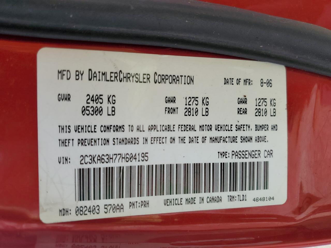 2007 Chrysler 300C VIN: 2C3KA63H77H604195 Lot: 64473475