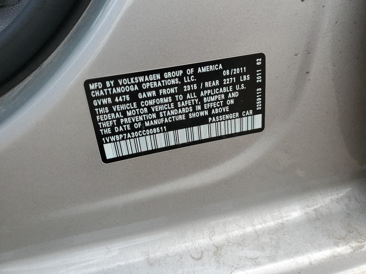 2012 Volkswagen Passat Se VIN: 1VWBP7A30CC008511 Lot: 64795265