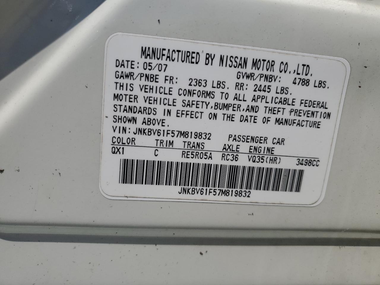 2007 Infiniti G35 VIN: JNKBV61F57M819832 Lot: 86768275