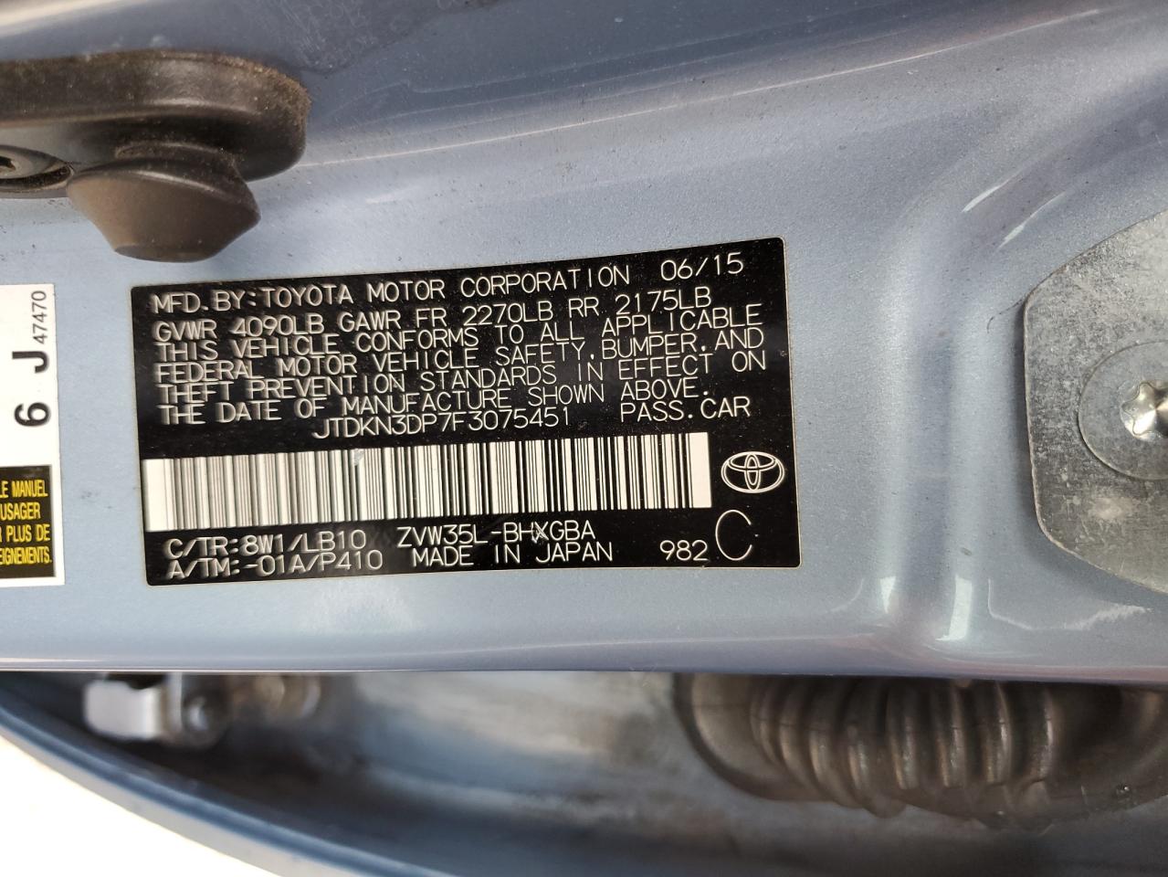 2015 Toyota Prius Plug-In VIN: JTDKN3DP7F3075451 Lot: 65999355