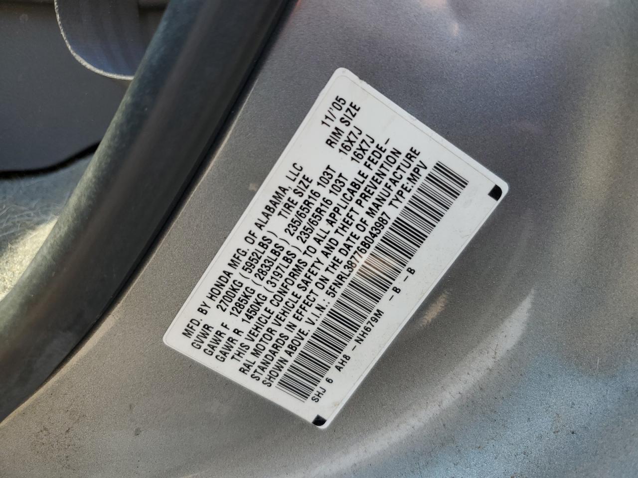 2006 Honda Odyssey Exl VIN: 5FNRL38776B043987 Lot: 63842015