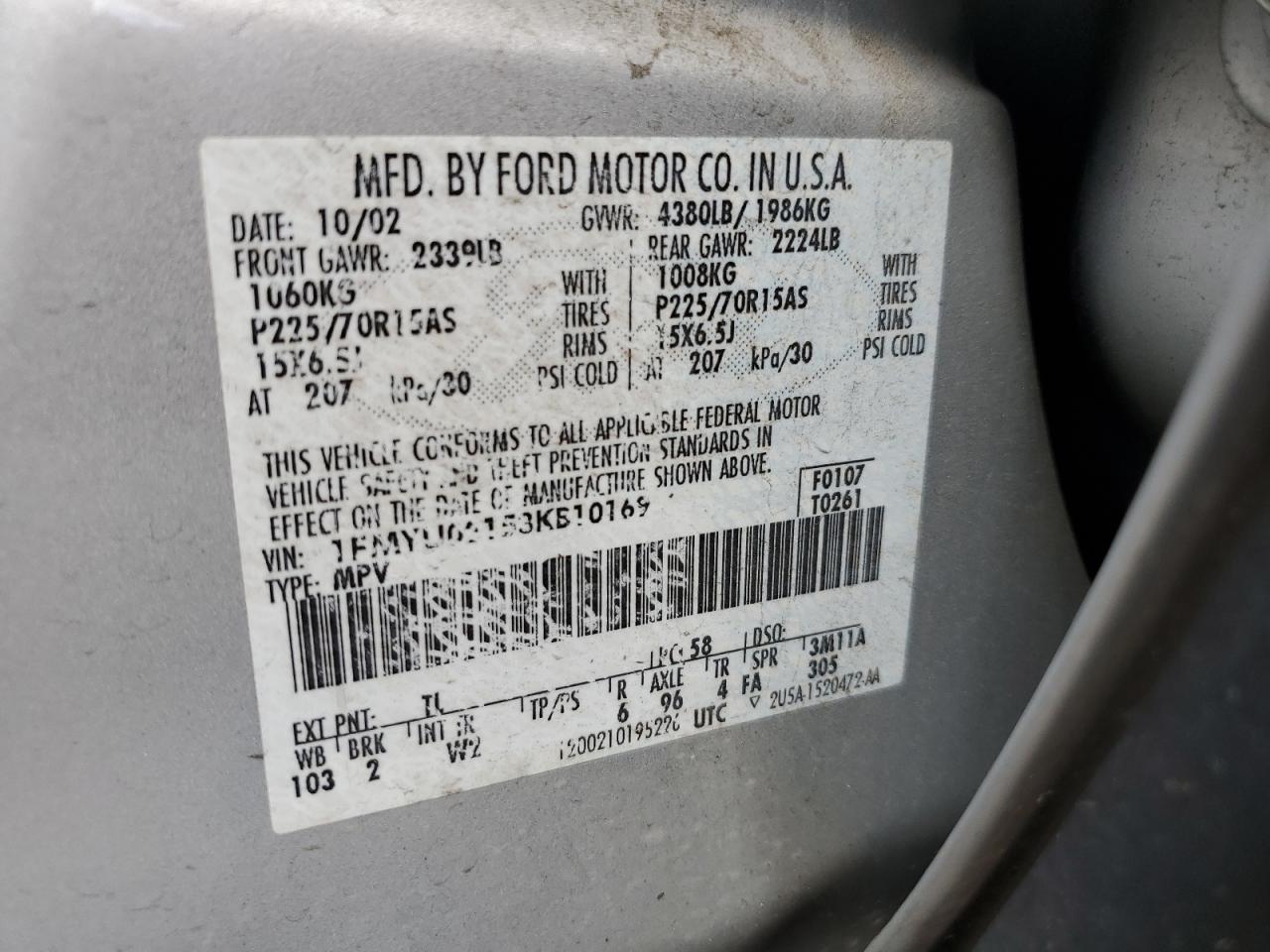 2003 Ford Escape Xls VIN: 1FMYU02153KB10169 Lot: 64295435