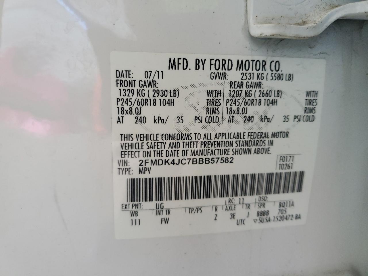 2011 Ford Edge Sel VIN: 2FMDK4JC7BBB57582 Lot: 63481775