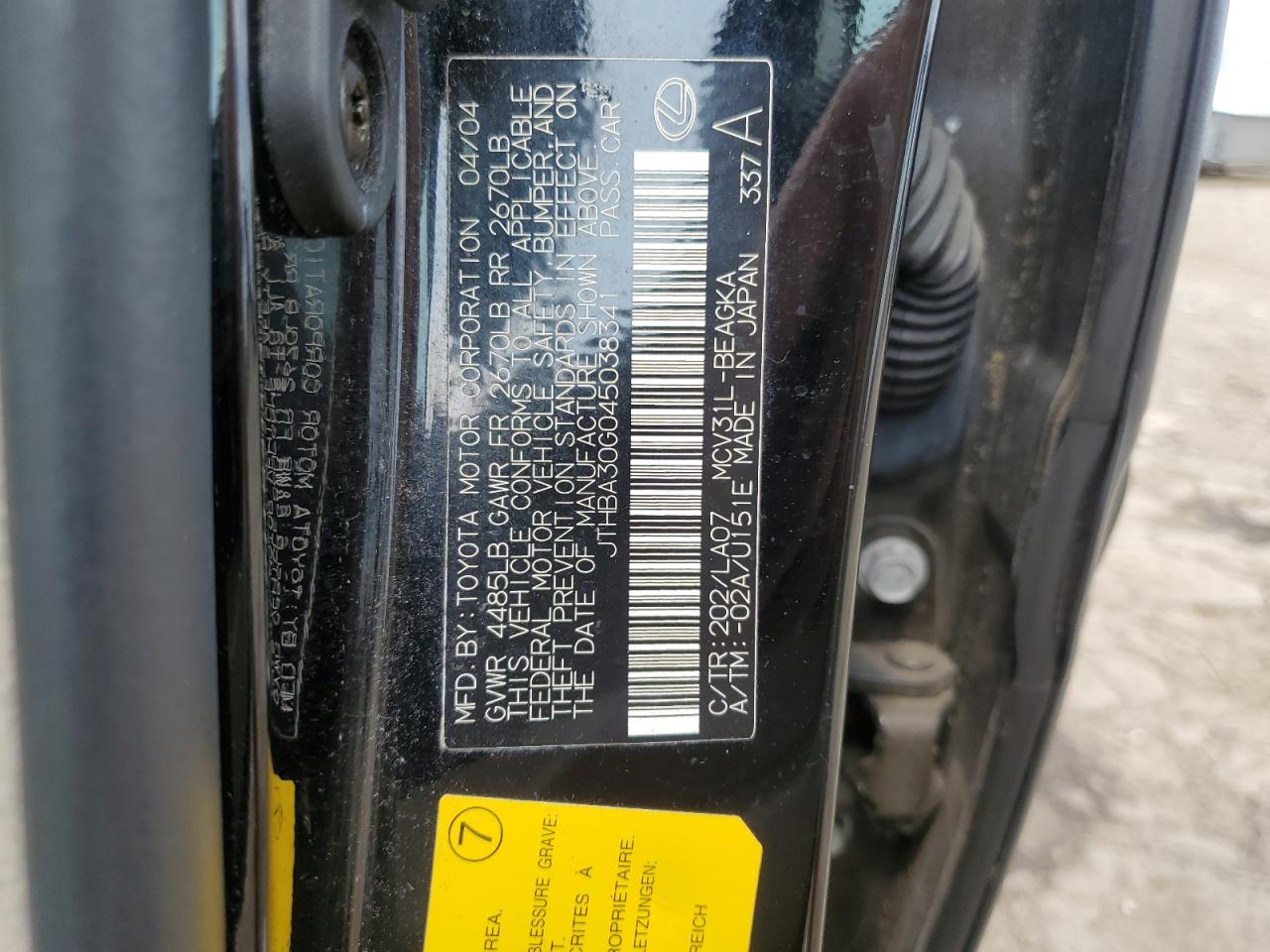 2004 Lexus Es 330 VIN: JTHBA30G045038341 Lot: 63283295