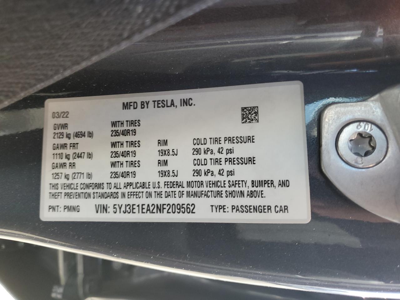2022 Tesla Model 3 VIN: 5YJ3E1EA2NF209562 Lot: 64623495
