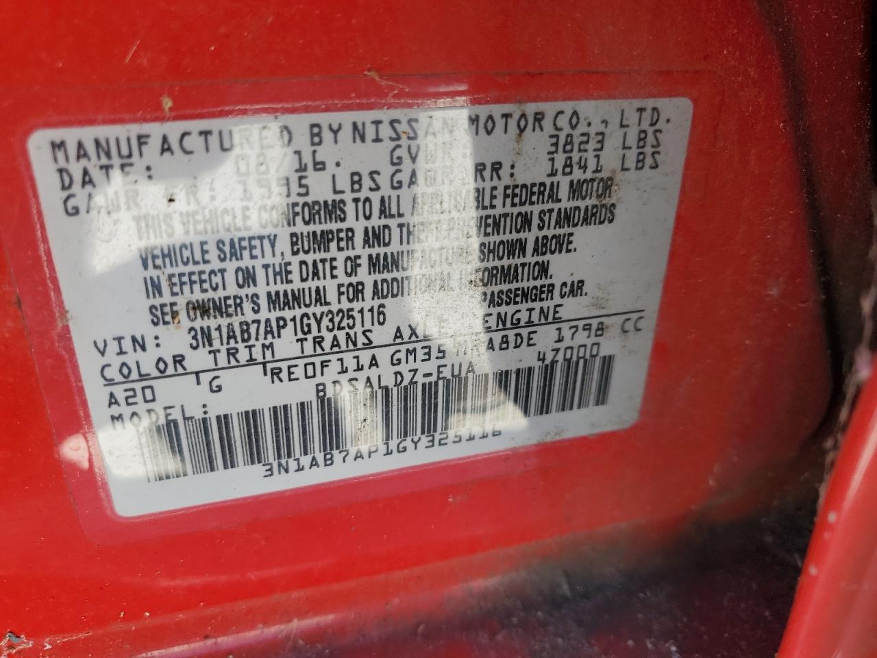 2016 Nissan Sentra S VIN: 3N1AB7AP1GY325116 Lot: 64982895