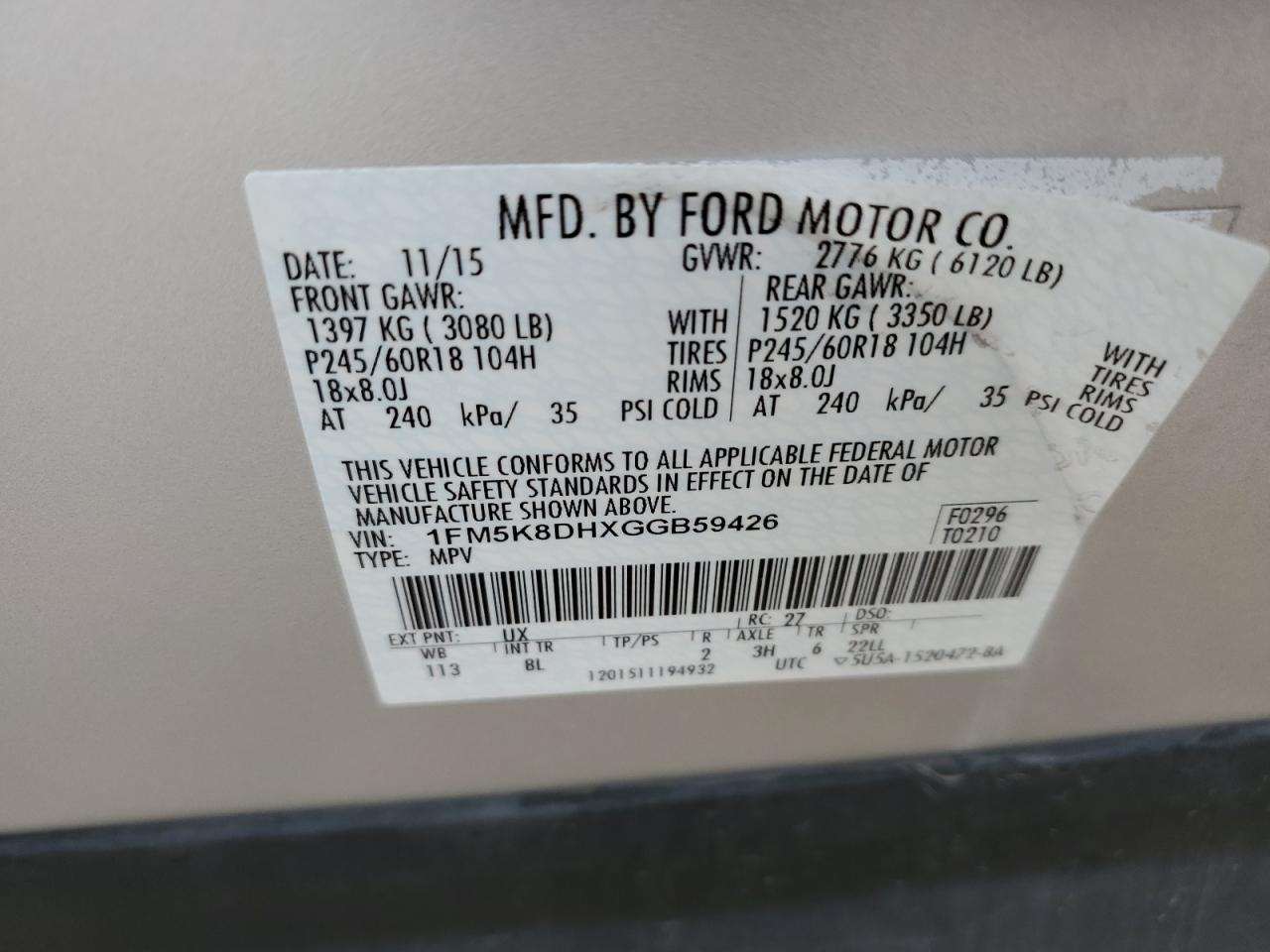 2016 Ford Explorer Xlt VIN: 1FM5K8DHXGGB59426 Lot: 64725325
