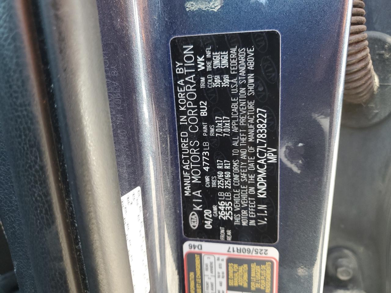 2020 Kia Sportage Lx VIN: KNDPMCAC7L7838227 Lot: 65459335
