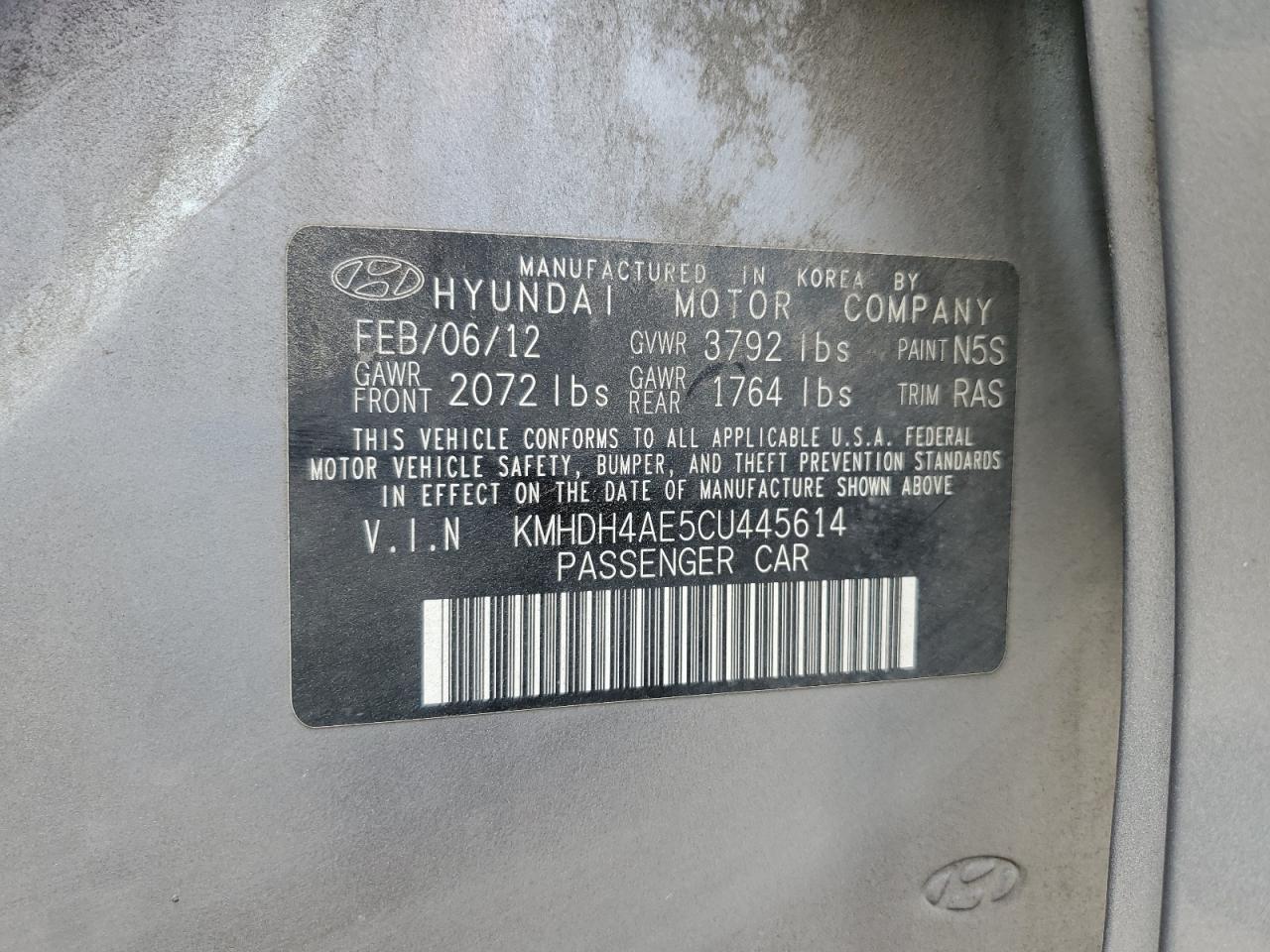 2012 Hyundai Elantra Gls VIN: KMHDH4AE5CU445614 Lot: 65521585