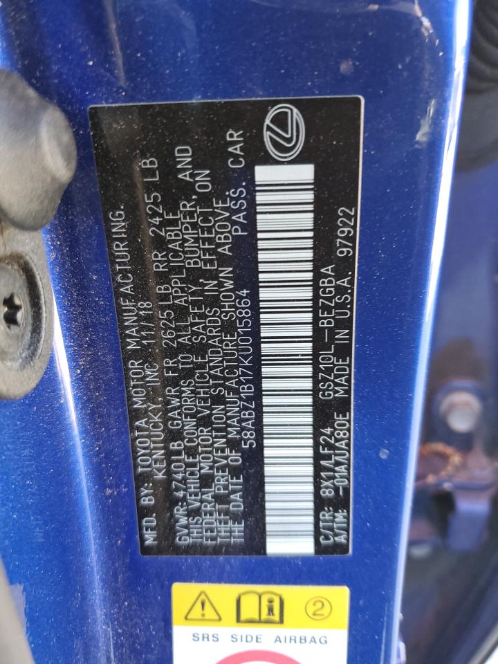 2019 Lexus Es 350 VIN: 58ABZ1B17KU015864 Lot: 65153535