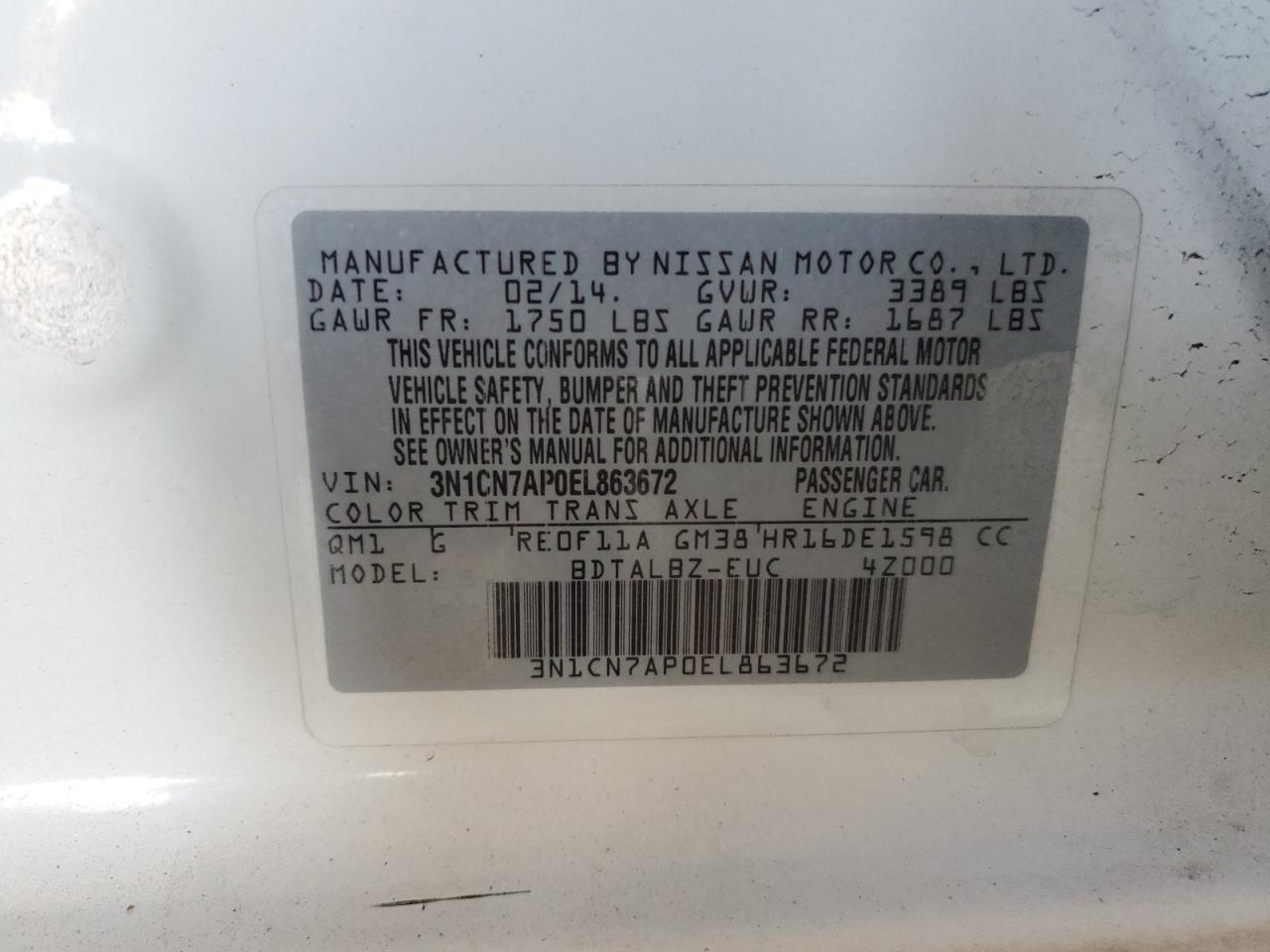 2014 Nissan Versa S VIN: 3N1CN7AP0EL863672 Lot: 64452665