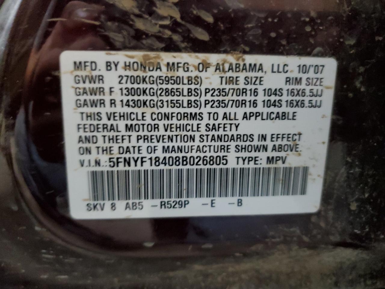 2008 Honda Pilot Ex VIN: 5FNYF18408B026805 Lot: 66249775