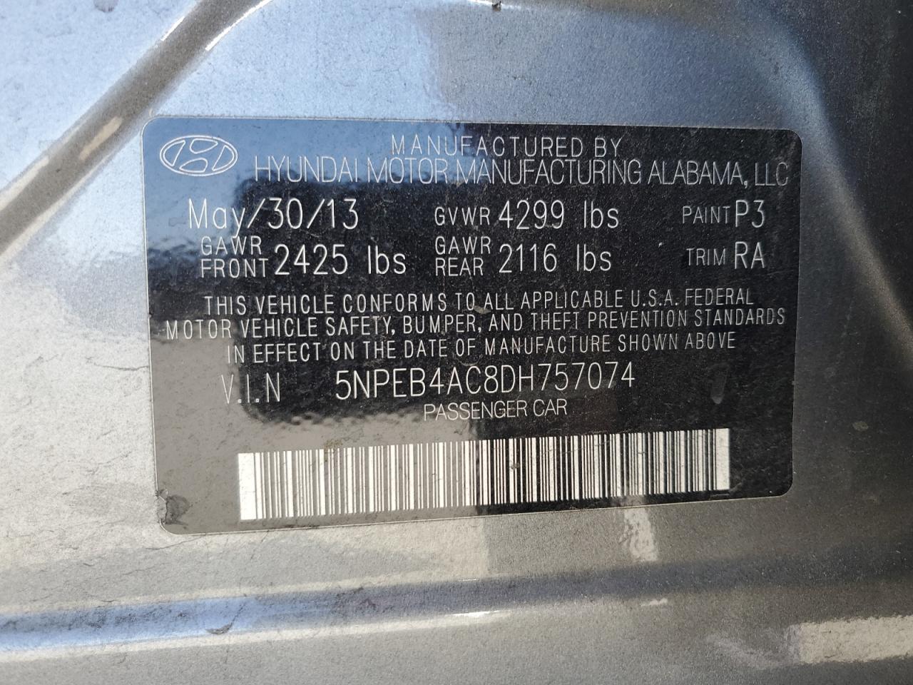 2013 Hyundai Sonata Gls VIN: 5NPEB4AC8DH757074 Lot: 65440475