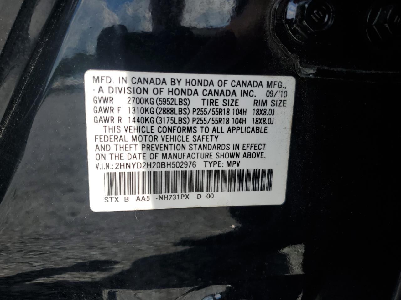 2011 Acura Mdx VIN: 2HNYD2H20BH502976 Lot: 63280895