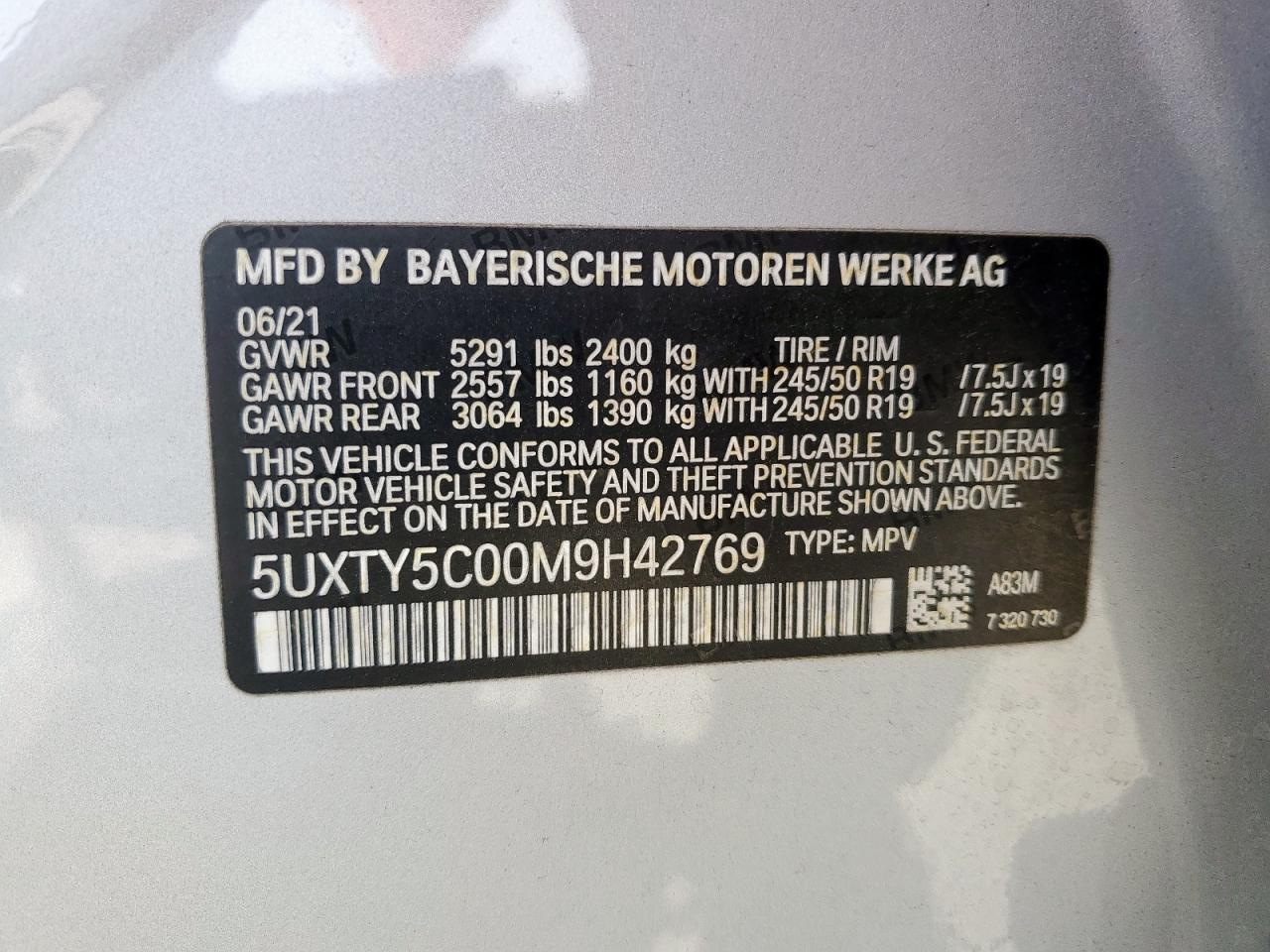 2021 BMW X3 xDrive30I VIN: 5UXTY5C00M9H42769 Lot: 63990085