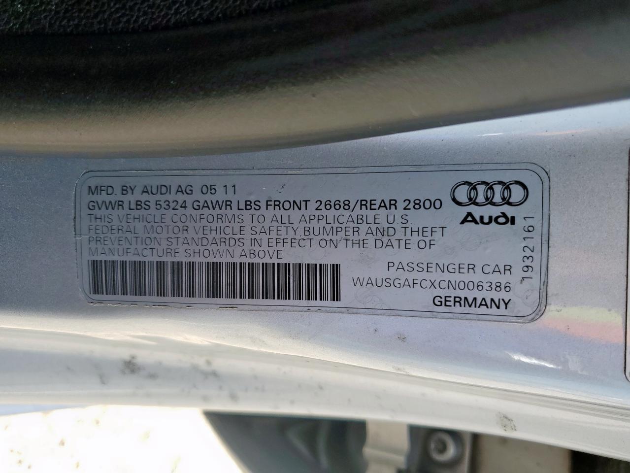 2012 Audi A7 Prestige VIN: WAUSGAFCXCN006386 Lot: 63454545