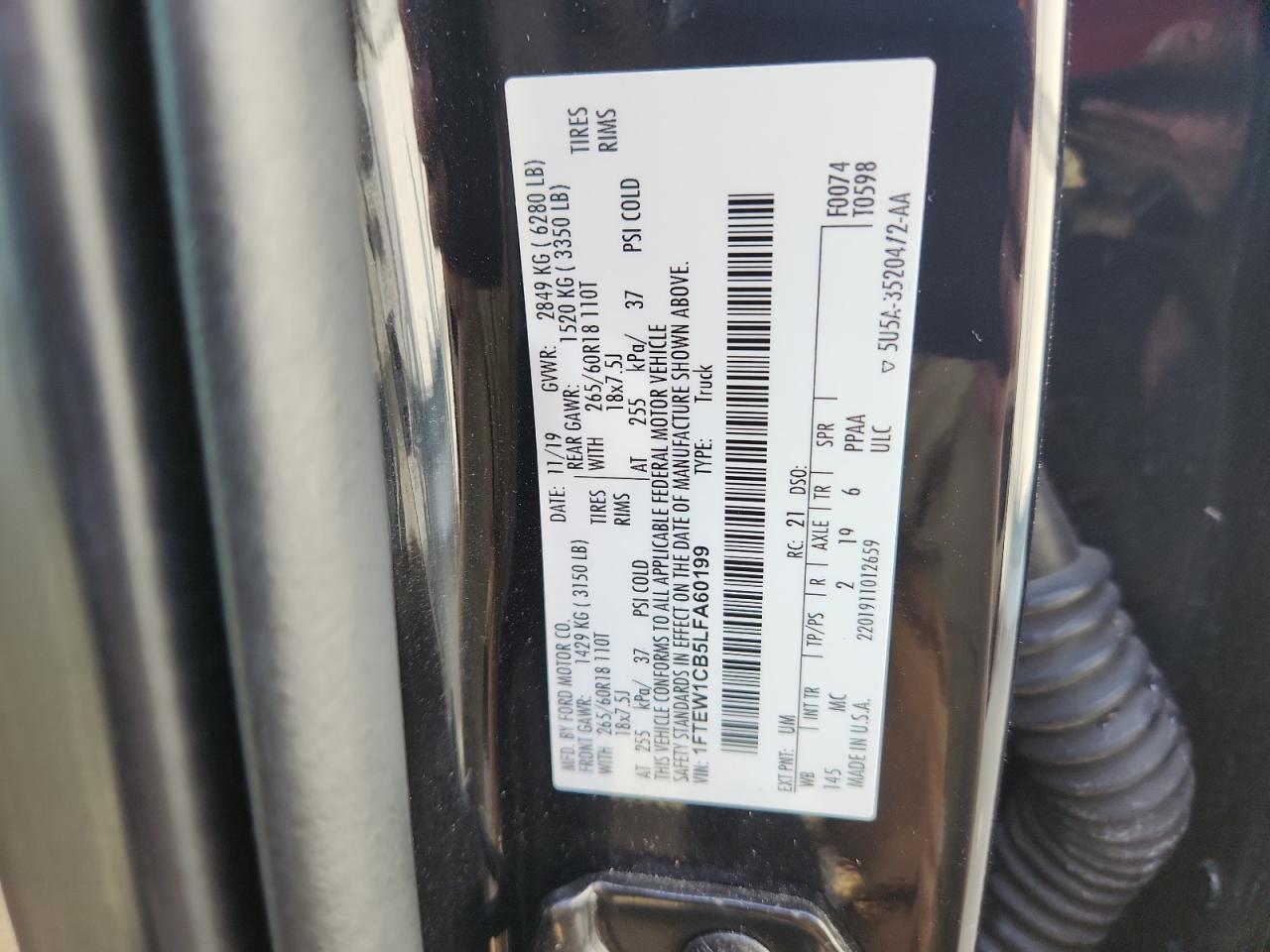 2020 Ford F150 Supercrew VIN: 1FTEW1CB5LFA60199 Lot: 63412955