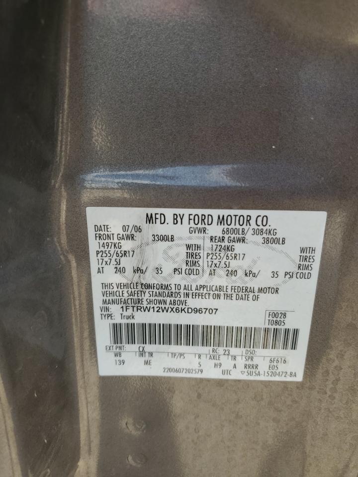 2006 Ford F150 Supercrew VIN: 1FTRW12WX6KD96707 Lot: 63164685