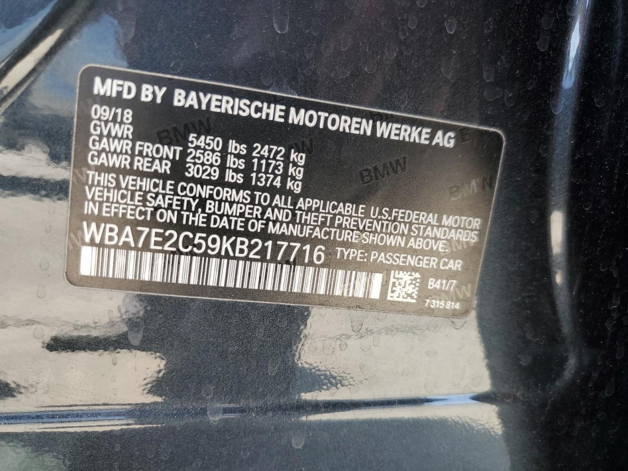 2019 BMW 740 I VIN: WBA7E2C59KB217716 Lot: 63618225