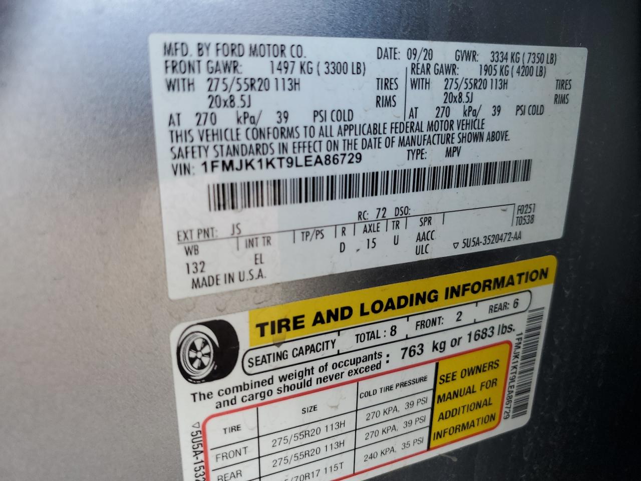 2020 Ford Expedition Max Limited VIN: 1FMJK1KT9LEA86729 Lot: 66341715