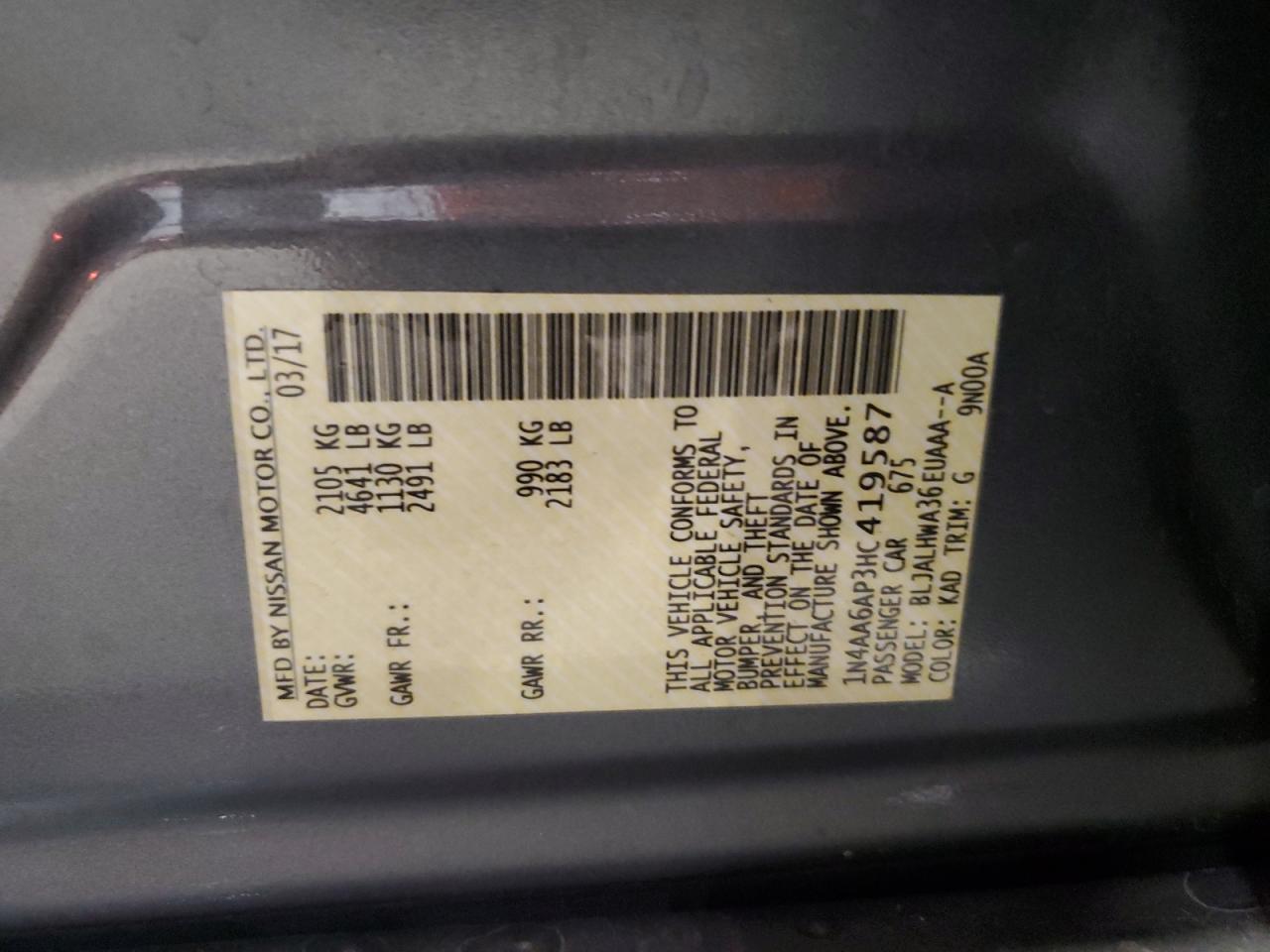 2017 Nissan Maxima 3.5S VIN: 1N4AA6AP3HC419587 Lot: 64641255