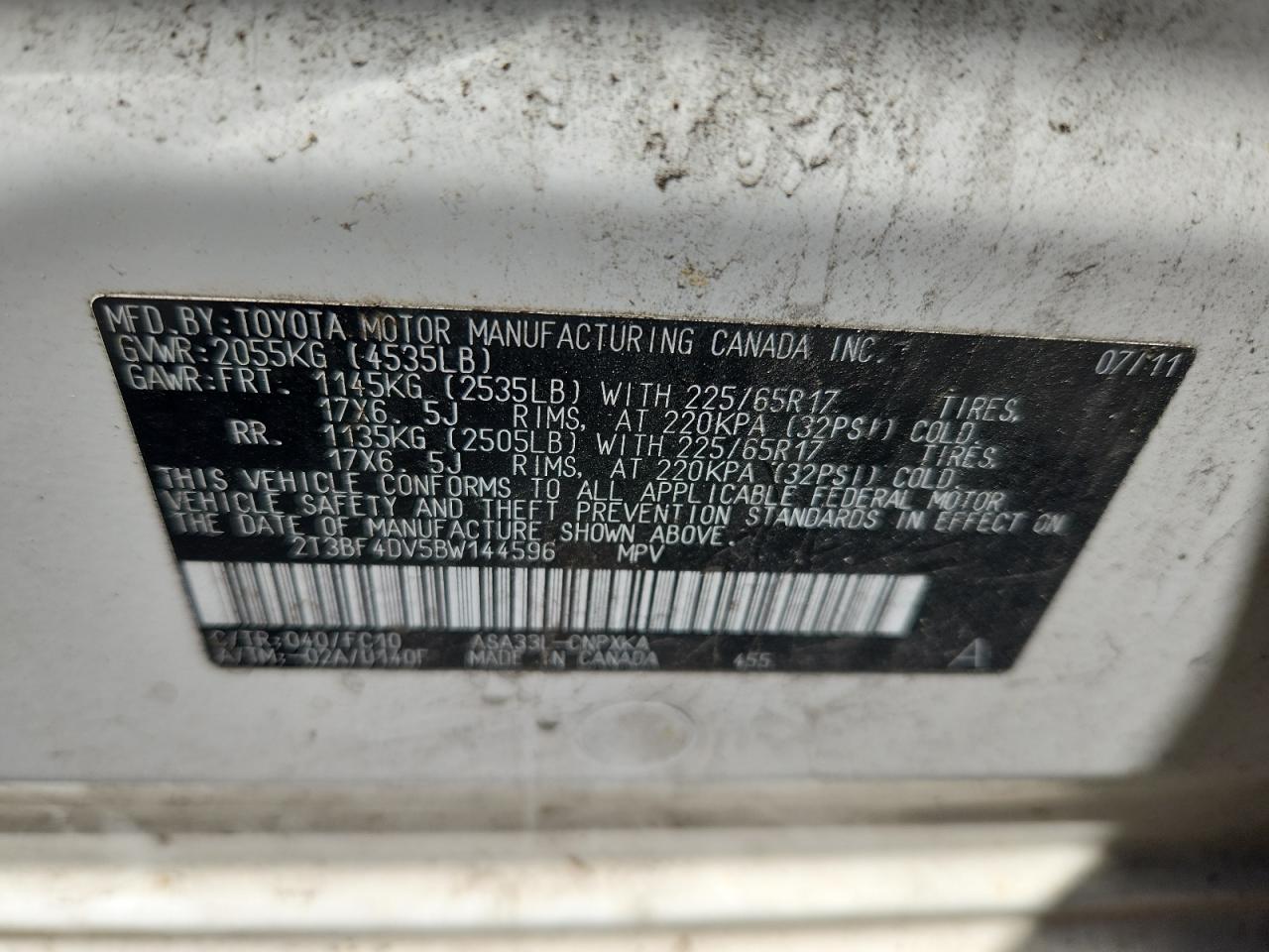 2011 Toyota Rav4 VIN: 2T3BF4DV5BW144596 Lot: 65130835