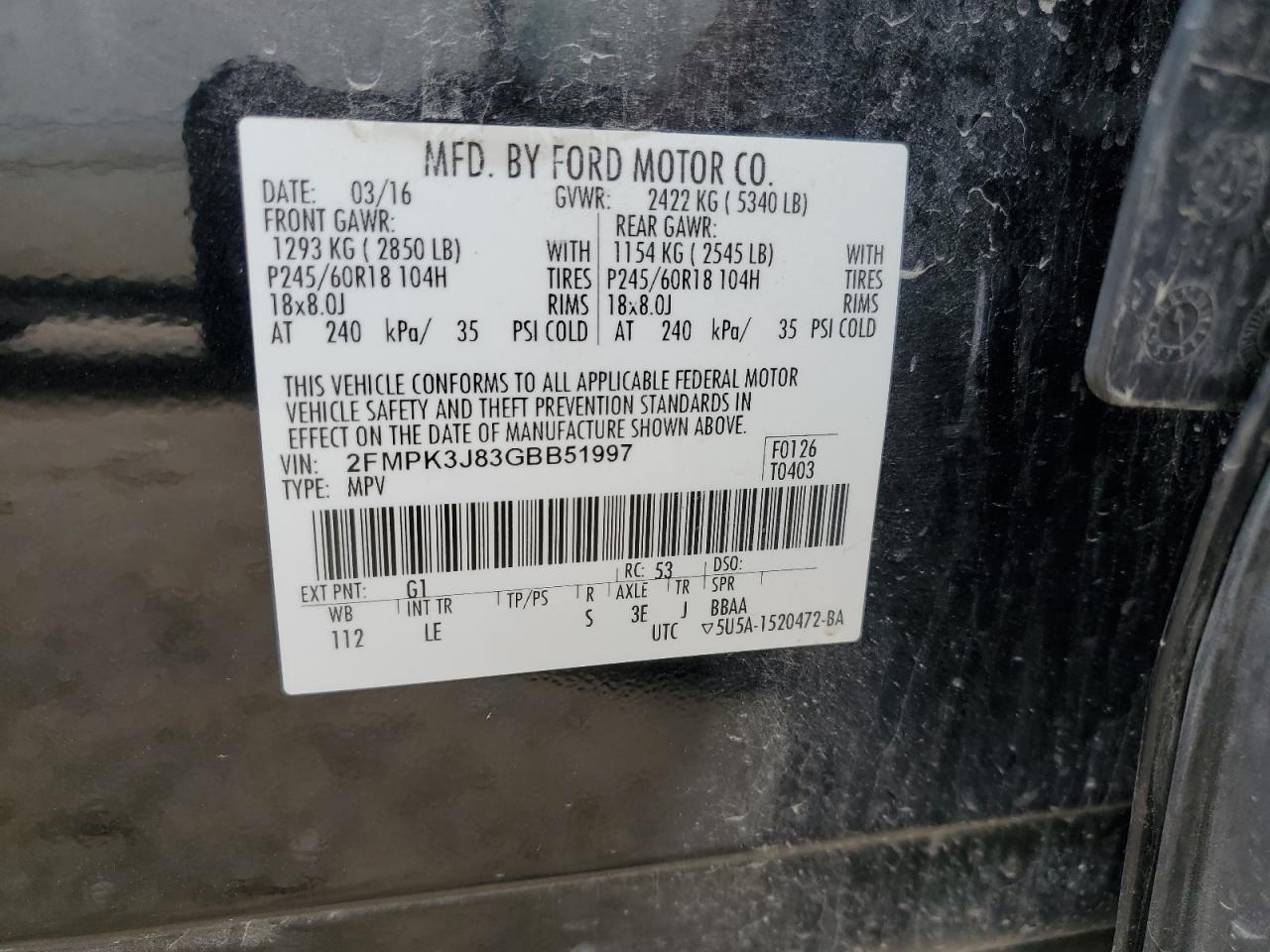 2016 Ford Edge Sel VIN: 2FMPK3J83GBB51997 Lot: 64396575