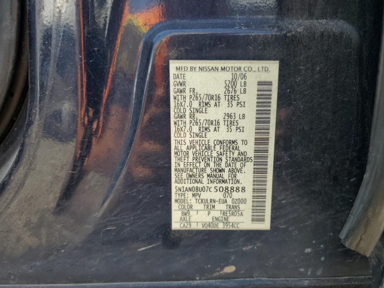 2007 Nissan Xterra Off Road VIN: 5N1AN08U07C508888 Lot: 64639325