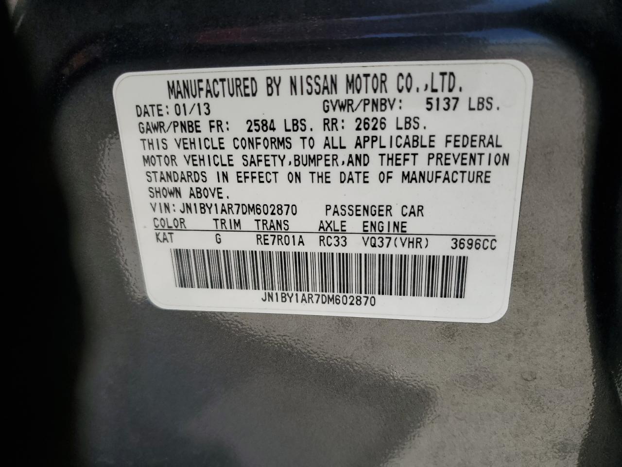 2013 Infiniti M37 X VIN: JN1BY1AR7DM602870 Lot: 65111175