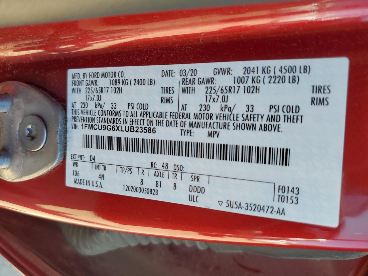 2020 Ford Escape Se VIN: 1FMCU9G6XLUB23586 Lot: 64953035