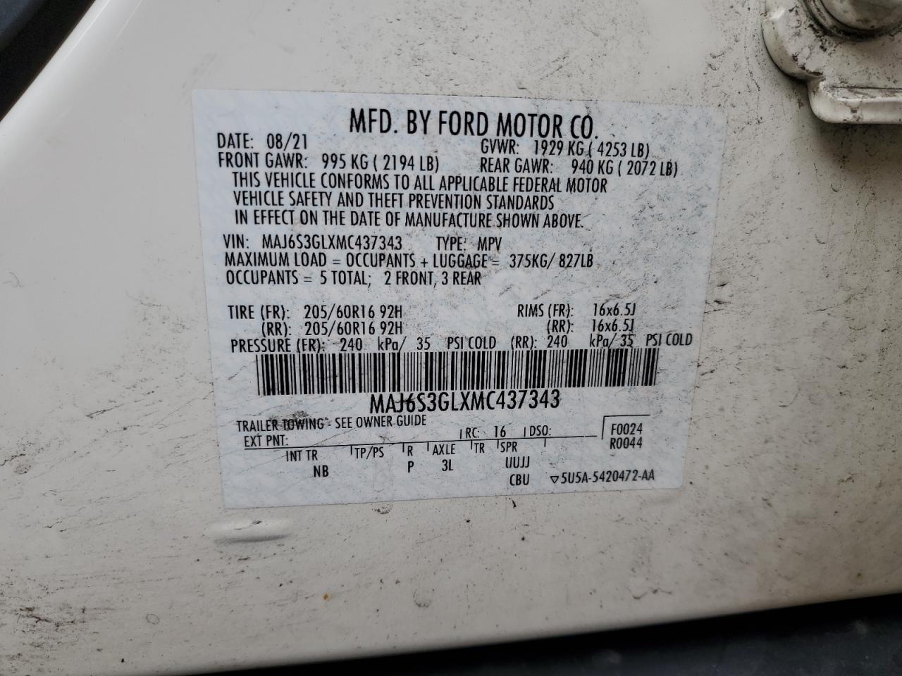 2021 Ford Ecosport Se VIN: MAJ6S3GLXMC437343 Lot: 63418495